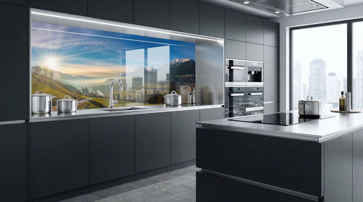 Moderne Küche mit dunklen Schränken, Edelstahlgeräten und einer Küchenrückwand „Alpenpanorama“ von glasposter.com.