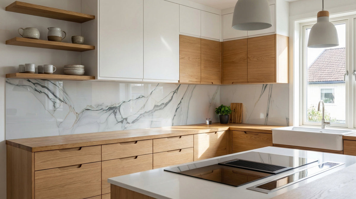 Moderne Küche mit Holzschränken, heller Beleuchtung und einer weißen Marmor-Küchenrückwand von glasposter.com.