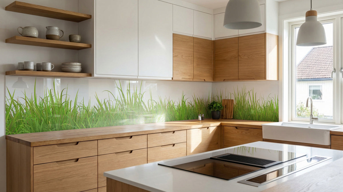 Moderne Küche mit Holzschränken und einer Küchenrückwand – „Wiesengrün“ von glasposter.com.