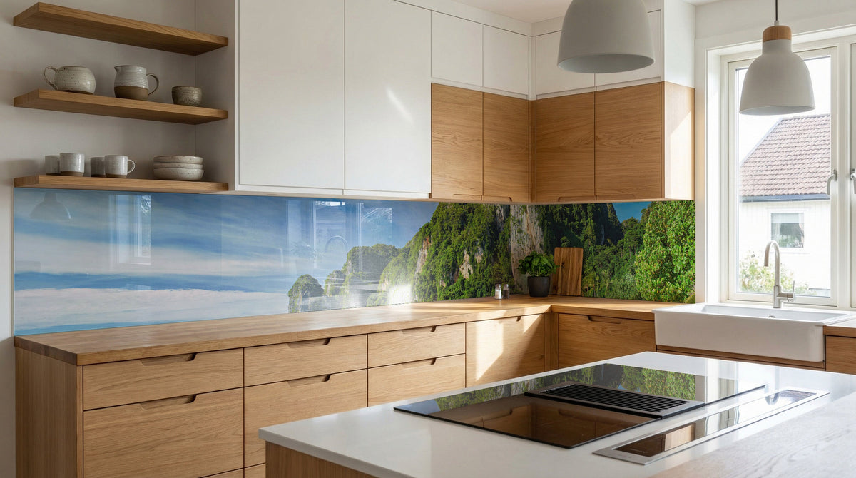 Moderne Küche mit Holzschränken und Küchenrückwand – „Tropisches Inselparadies“ von glasposter.com.