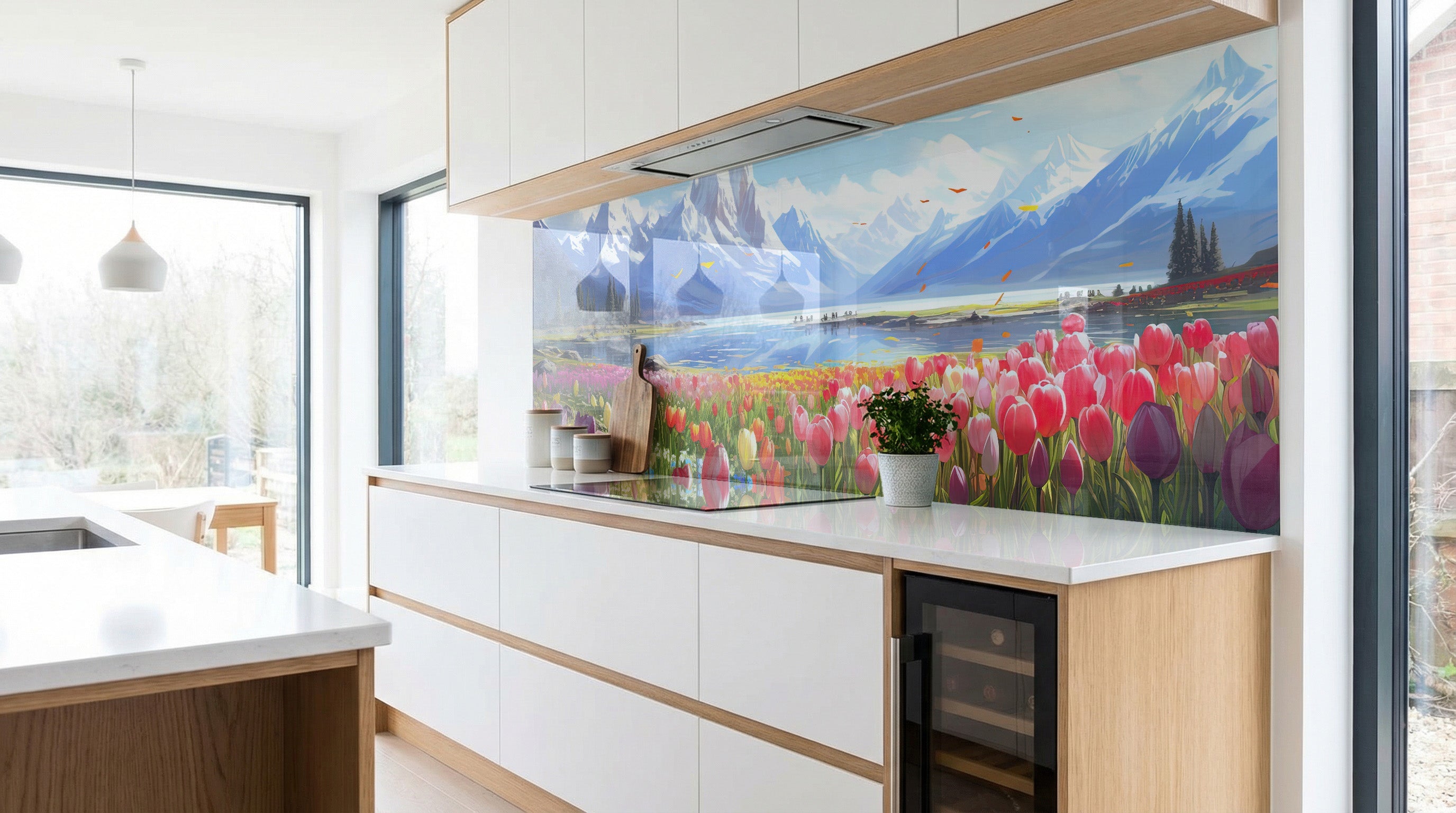 Moderne Küche mit einer Küchenrückwand von glasposter.com – Gemälde „Tulpenfeld am Bergsee“, weiße Schränke.
