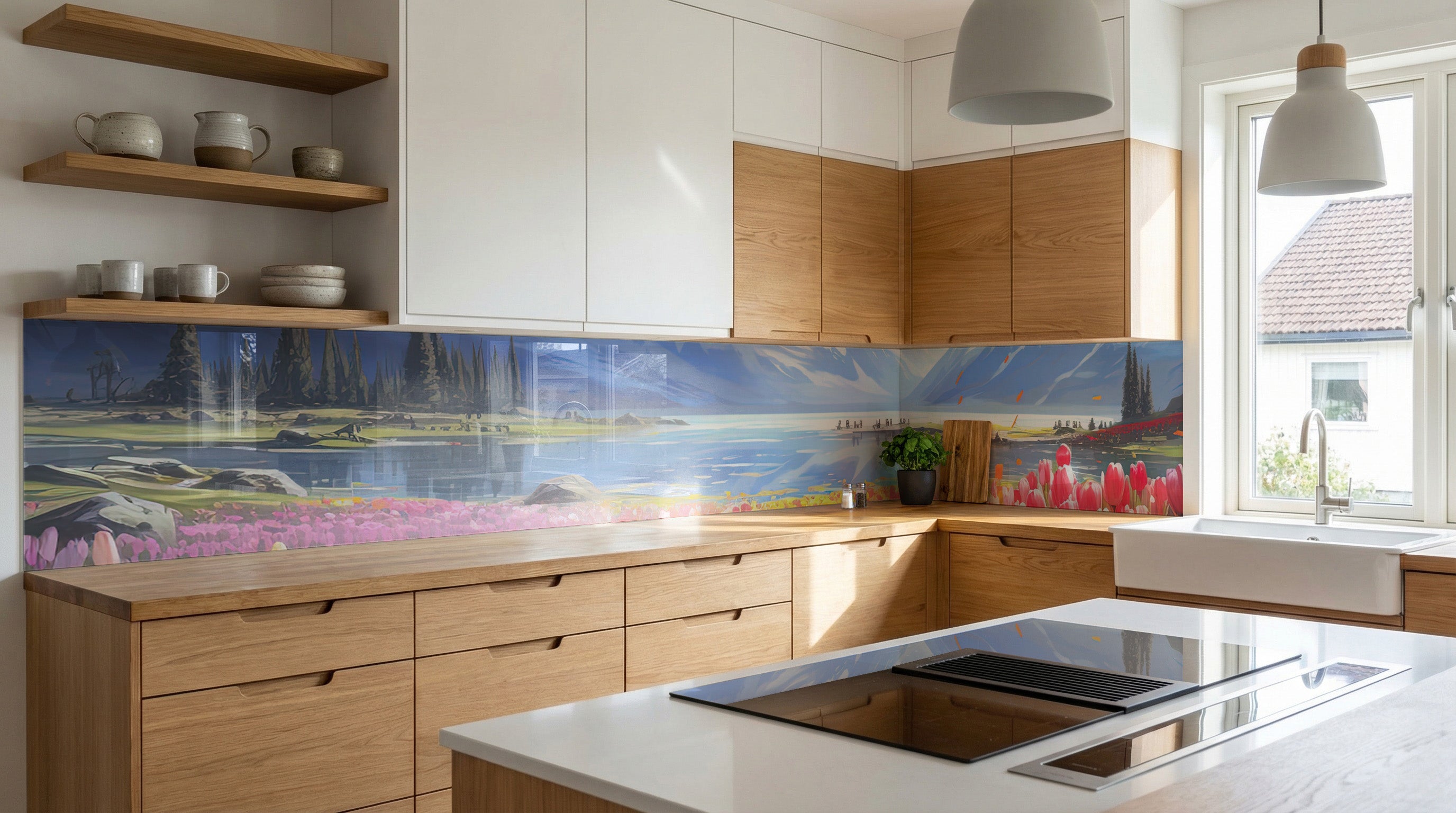 Moderne Küche mit Holzschränken und einer Küchenrückwand mit dem Motiv „Tulpenfeld“ von glasposter.com darüber.