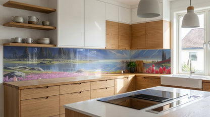Moderne Küche mit Holzschränken und einer Küchenrückwand mit dem Motiv „Tulpenfeld“ von glasposter.com darüber.