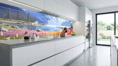Moderne weiße Küche mit einer Küchenrückwand mit dem Gemälde „Tulpenfeld am Bergsee“ von glasposter.com – hell und luftig.