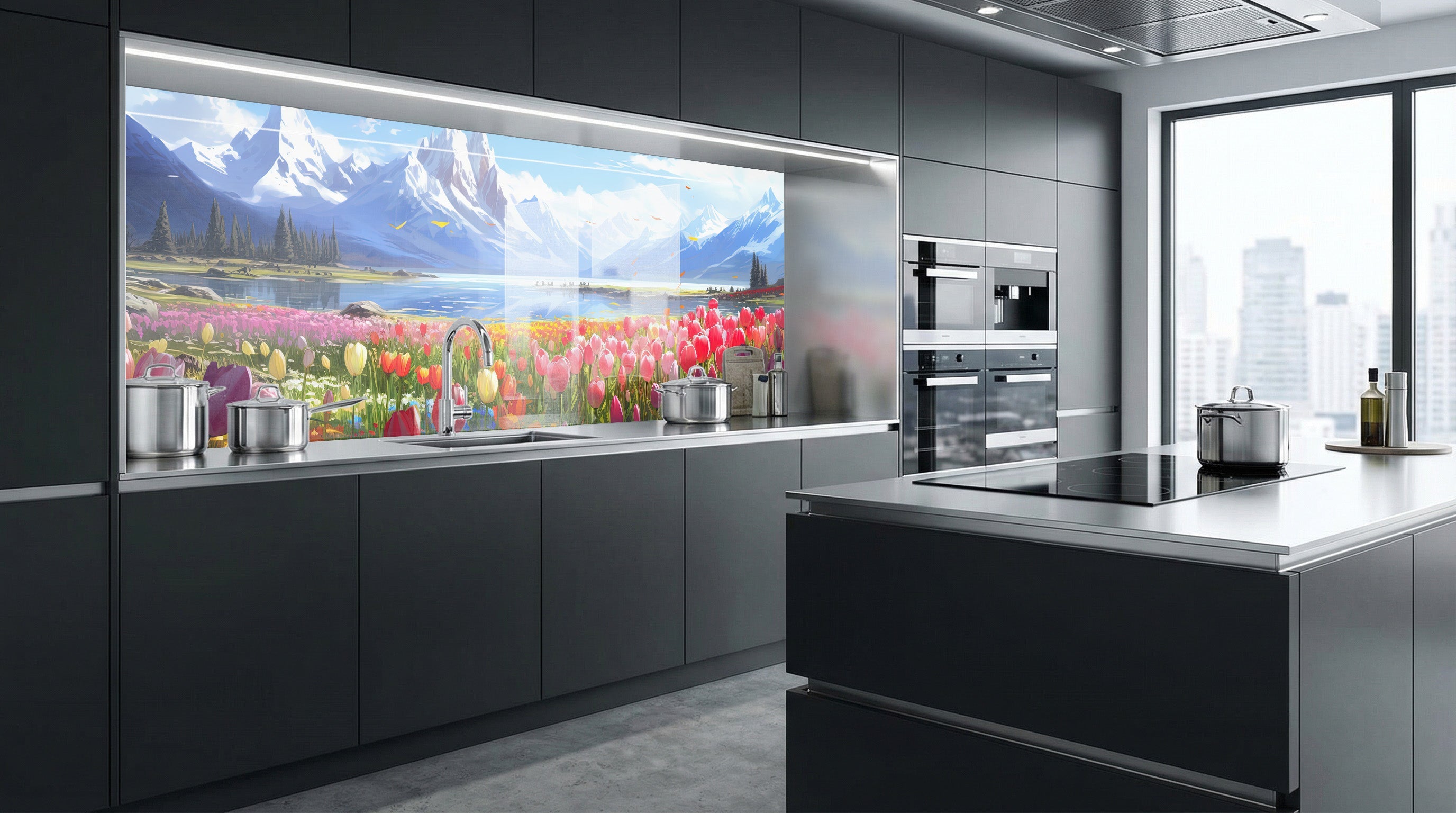 Moderne Küche mit grauen Schränken, Gemälde „Tulpenfeld am Bergsee“ von glasposter.com, Fenster mit Blick auf die Stadt.