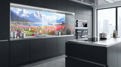 Moderne Küche mit grauen Schränken, Gemälde „Tulpenfeld am Bergsee“ von glasposter.com, Fenster mit Blick auf die Stadt.