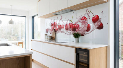 Moderne Küche mit weißen Schränken, Holzakzenten und einer Küchenrückwand von glasposter.com – Kirschen.
