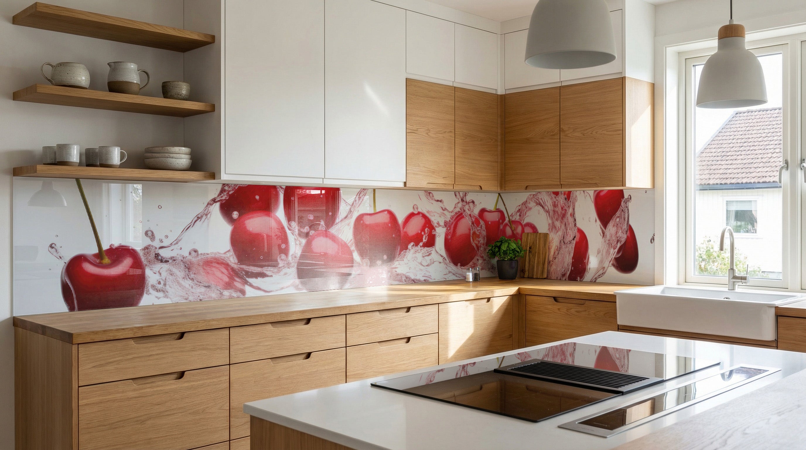 Moderne Küche mit Holzschränken, weißen Arbeitsplatten und einer Küchenrückwand von glasposter.com – Kirschen.