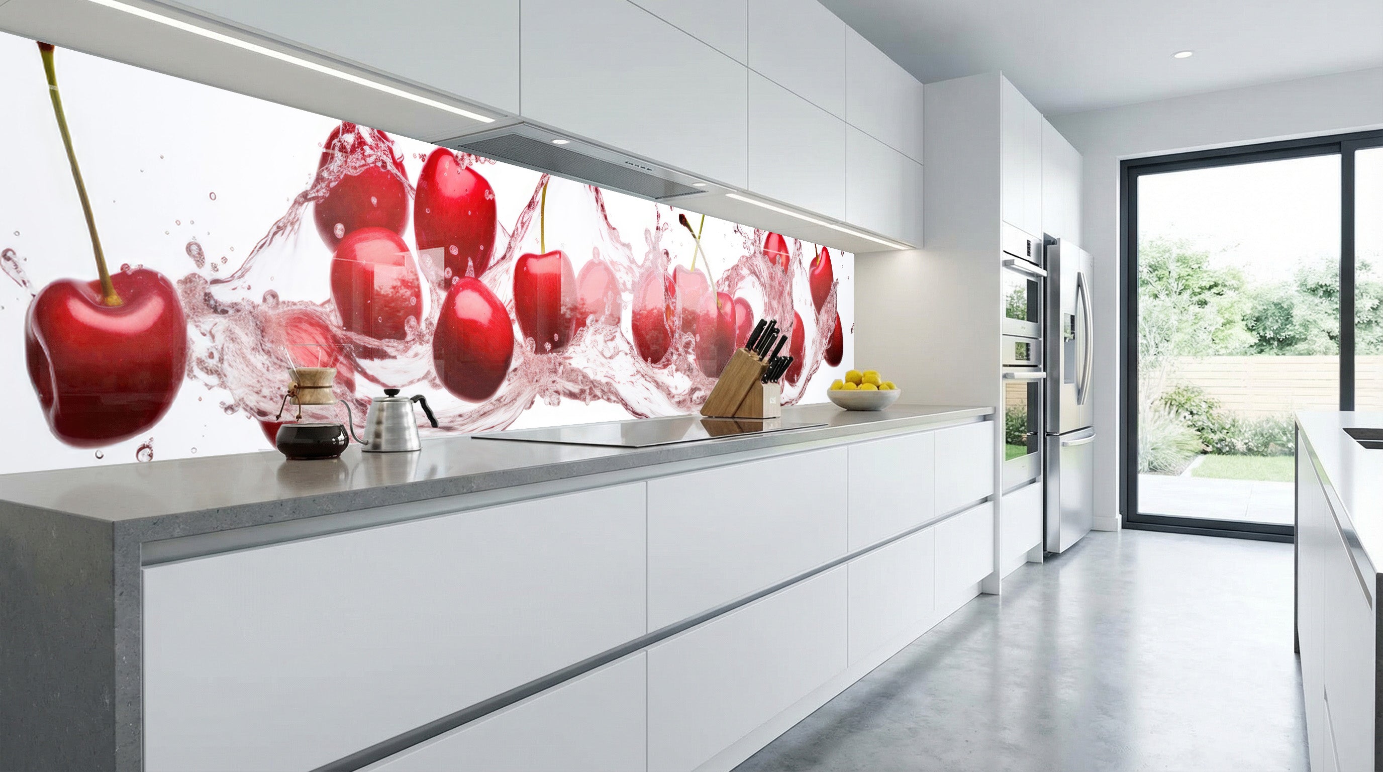 Moderne weiße Küche mit einer Küchenrückwand von glasposter.com – „Kirschen“, graue Arbeitsplatte und große Fenster.