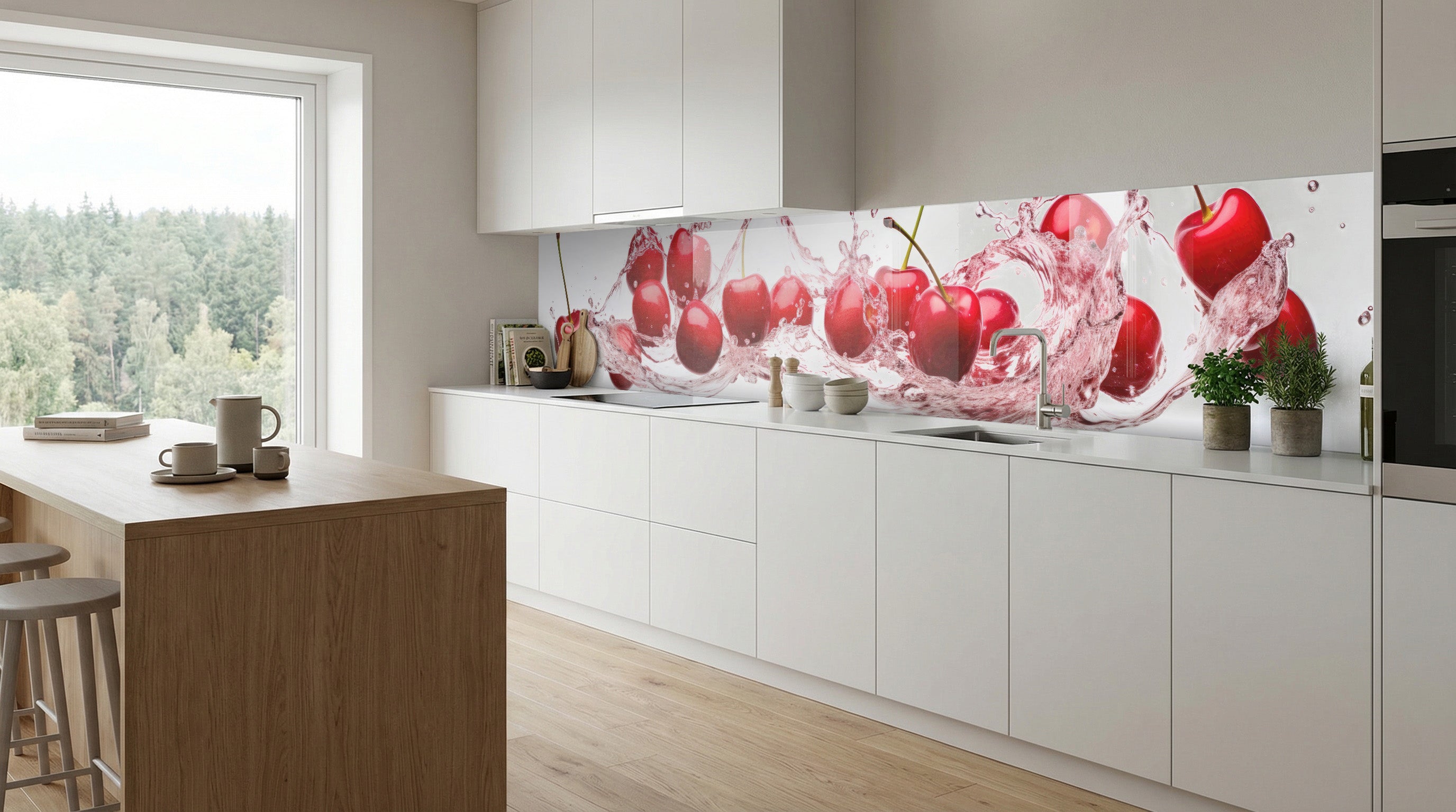 Moderne weiße Küche mit Küchenrückwand – „Kirschen“ von glasposter.com, großes Fenster, Holzakzente.