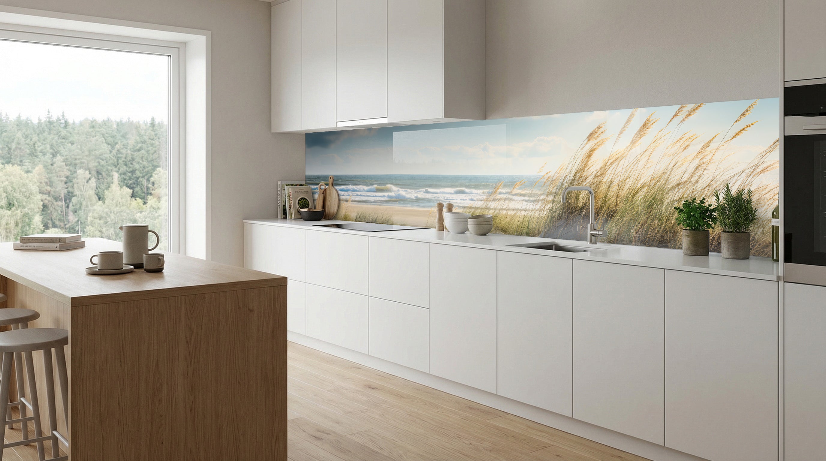 Moderne weiße Küche mit Kochinsel, großem Fenster und einer Küchenrückwand von glasposter.com – „Düne an der Nordsee“.