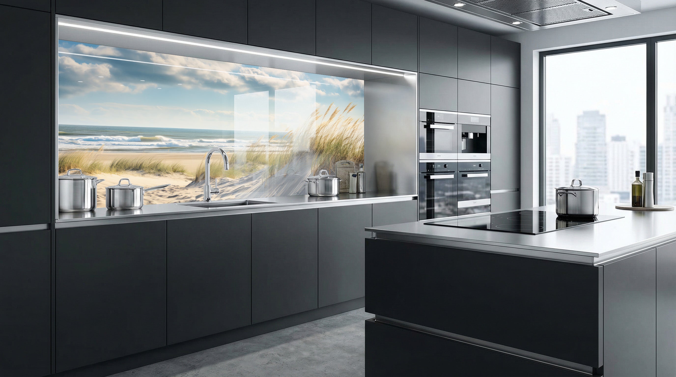 Moderne Küche: dunkle Schränke, silberfarbene Küchengeräte und eine Küchenrückwand „Düne an der Nordsee“ von glasposter.com.