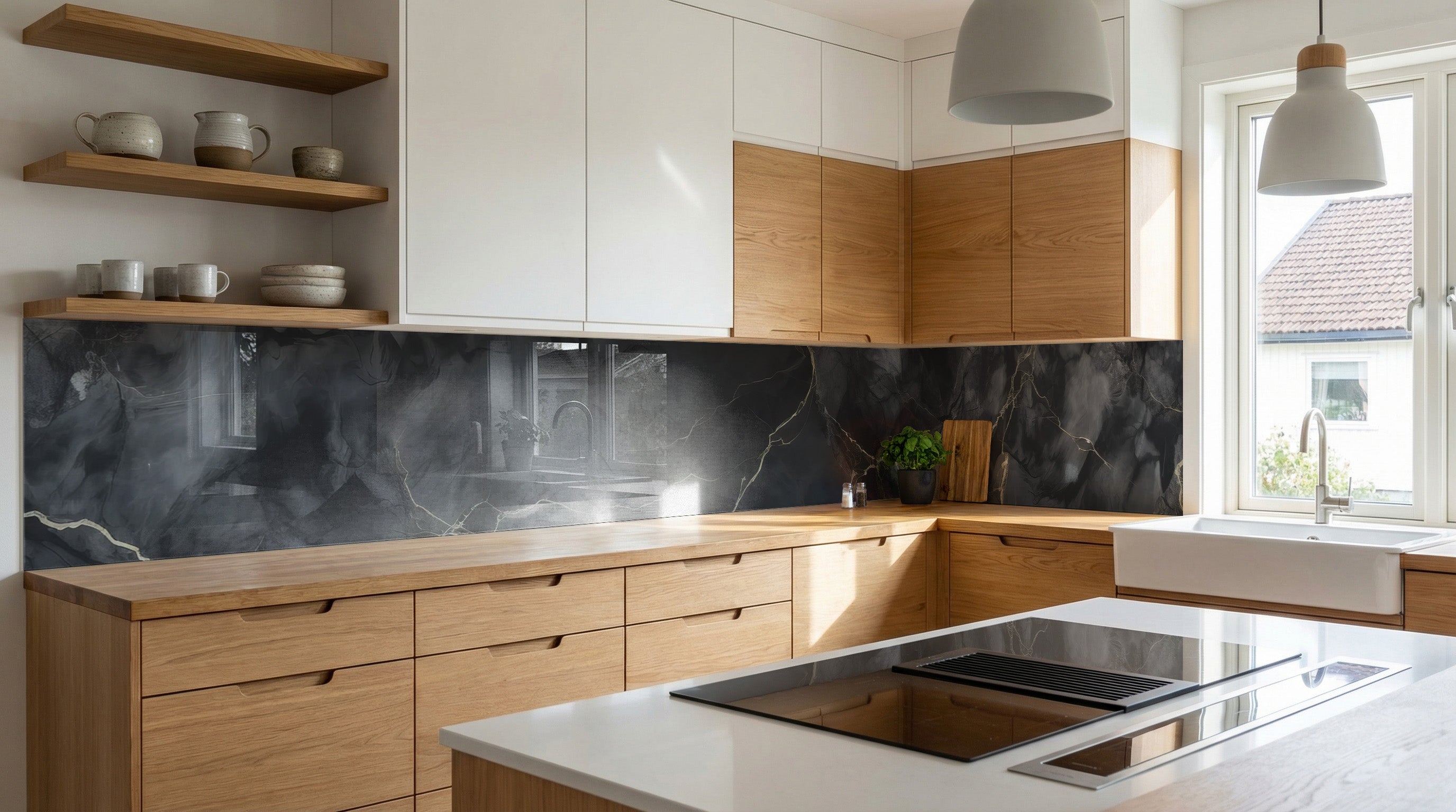 Moderne Küche mit Holzschränken, dunkler Marmor-Rückwand von glasposter.com, hell und luftig.