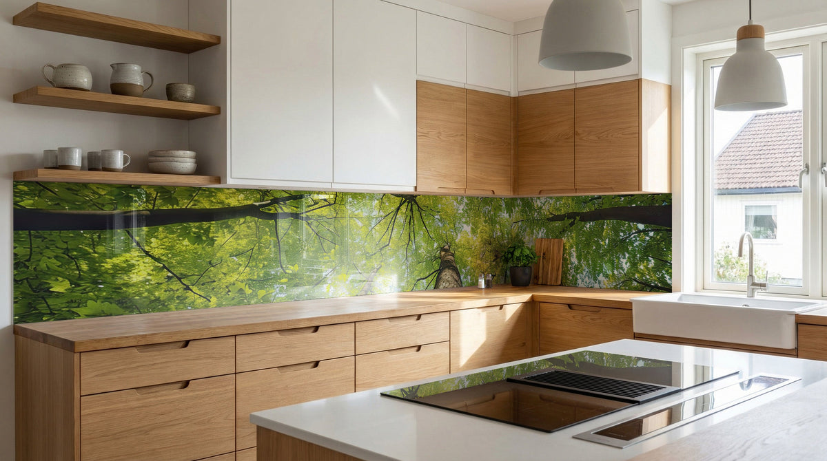 Moderne Küche mit Holzschränken, weißen Arbeitsplatten und einer Glasrückwand von glasposter.com mit Baumkronen-Motiv.