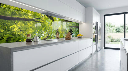 Moderne Küche mit weißen Schränken und einer Küchenrückwand von glasposter.com – Blick in die Baumkronen.