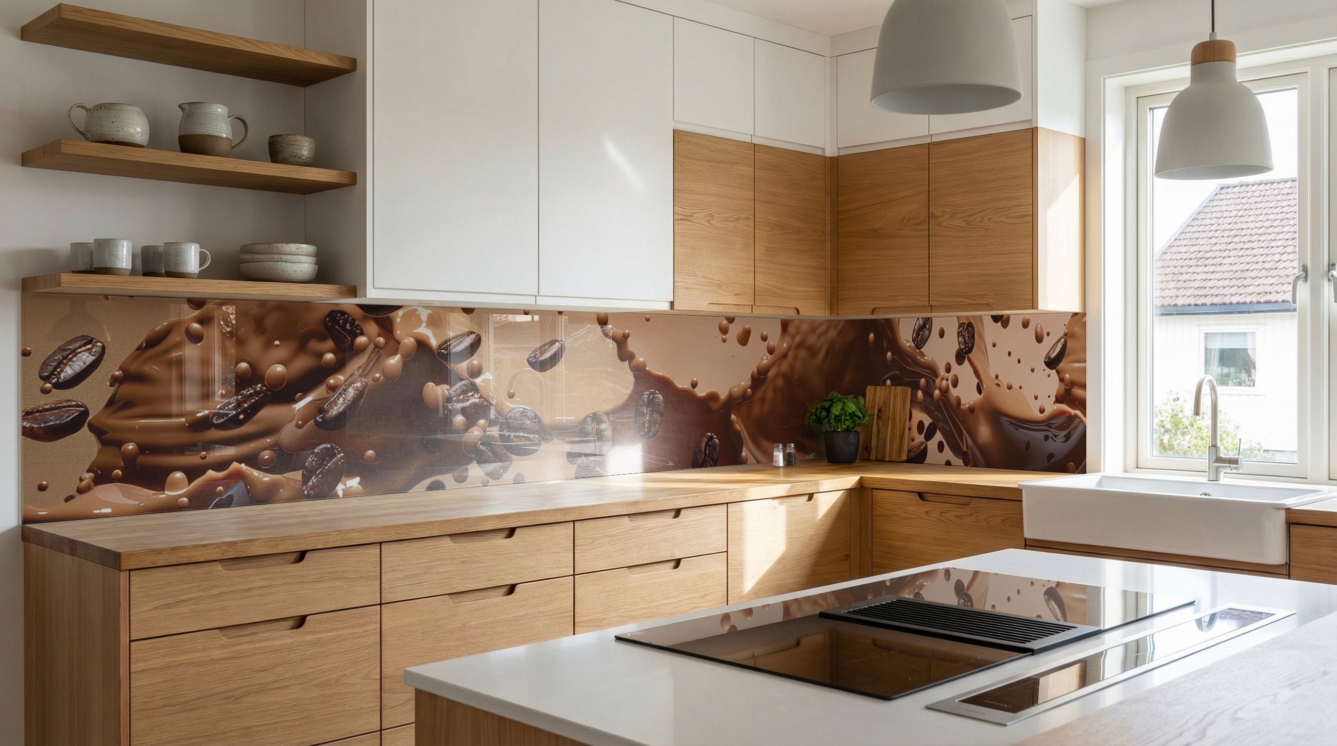 Moderne Küche mit Holzschränken und einer Küchenrückwand – „Kaffeestrudel“ von glasposter.com.