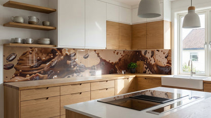 Moderne Küche mit Holzschränken und einer Küchenrückwand – „Kaffeestrudel“ von glasposter.com.