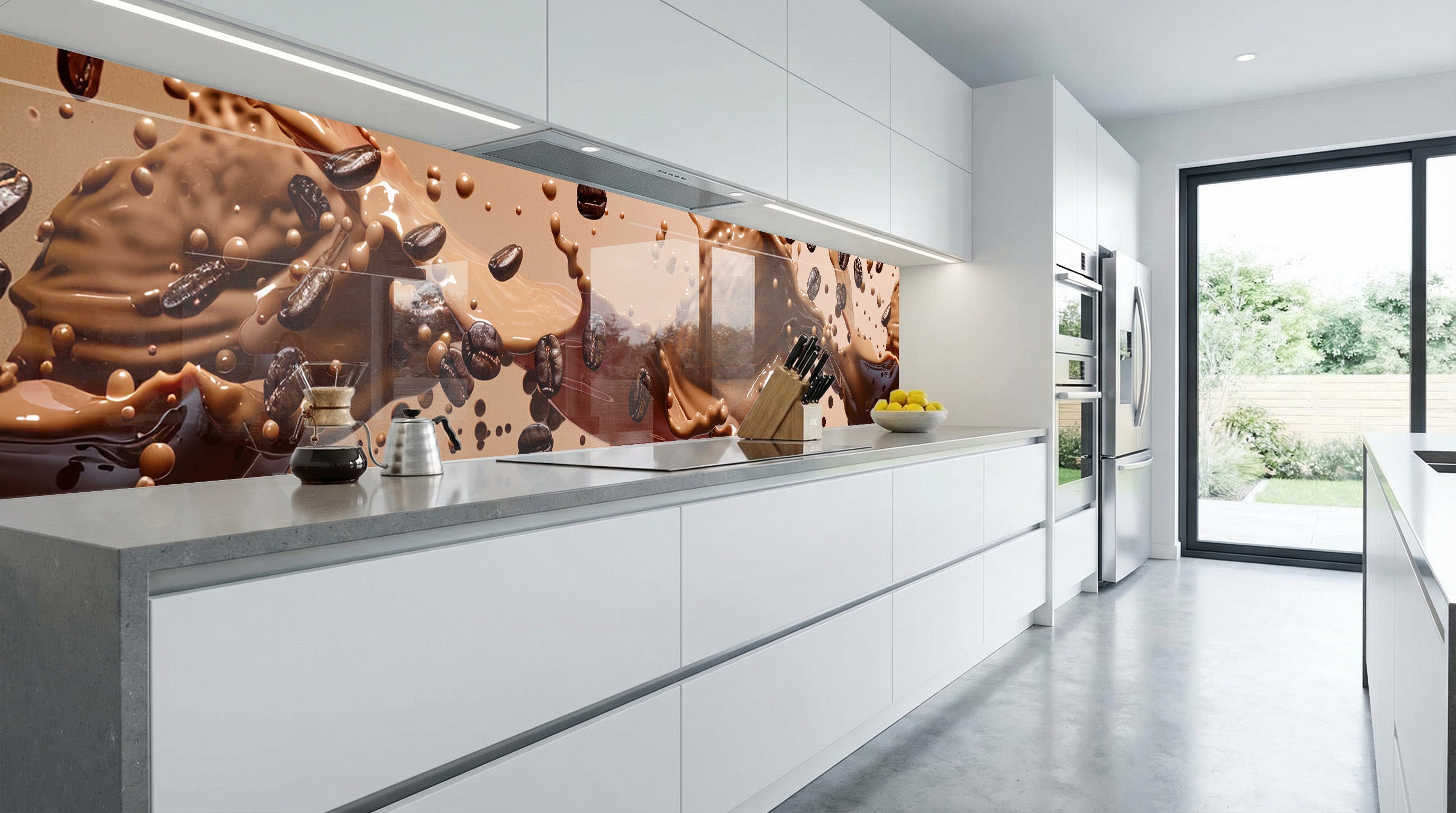 Moderne weiße Küche mit Küchenrückwand – „Kaffeestrudel“-Fliesenrückwand von glasposter.com.