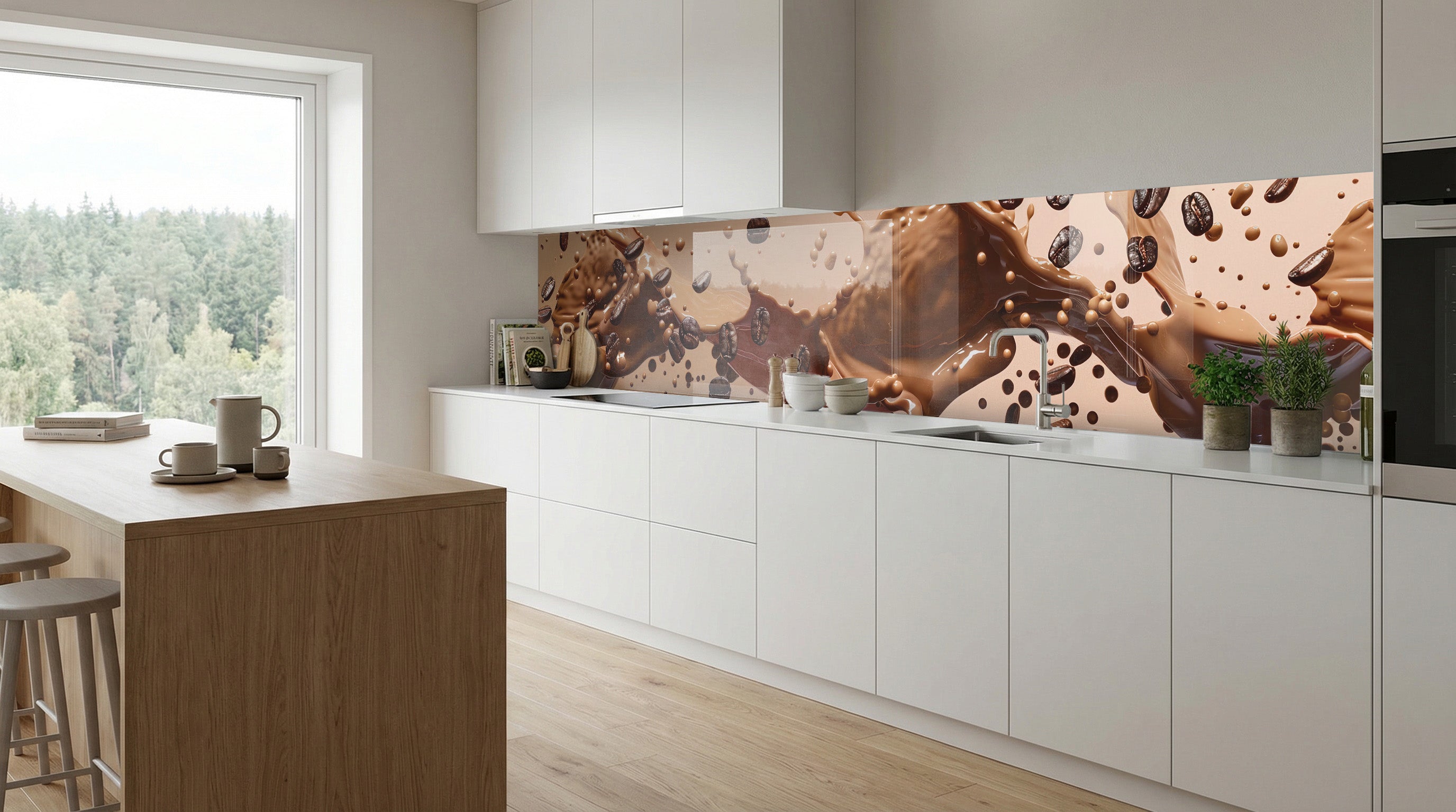 Moderne Küche mit Küchenrückwand – „Kaffeestrudel“ von glasposter.com an der Küchenrückwand.
