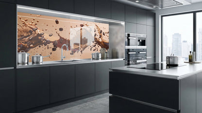 Moderne Küche mit grauen Schränken und einer Küchenrückwand von glasposter.com – Motiv „Kaffeestrudel“.