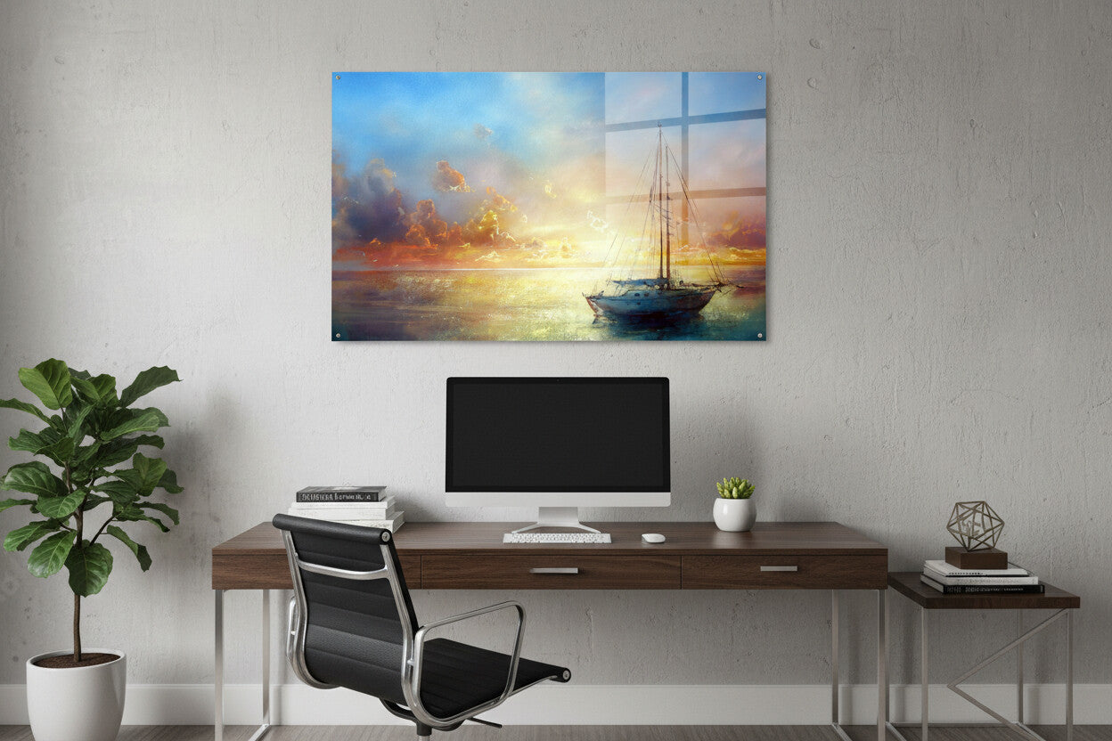 Glasbild - Segelboot bei Sonnenuntergang