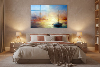 Glasbild - Segelboot bei Sonnenuntergang